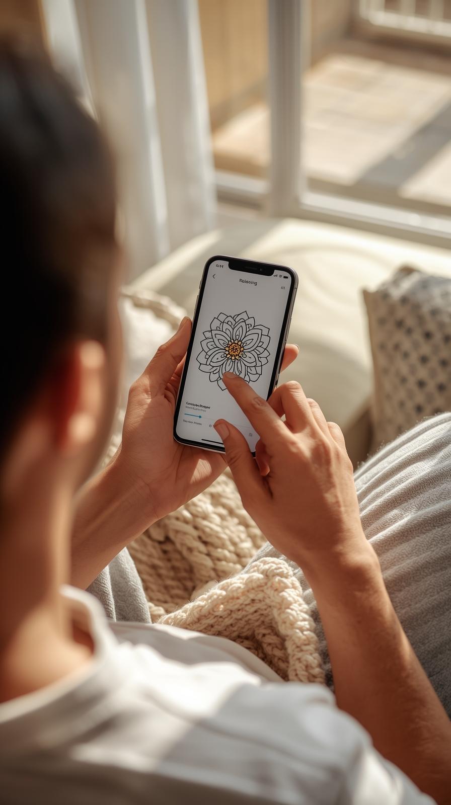 Hands using Flirvo coloring app - therapeutic mobile coloring