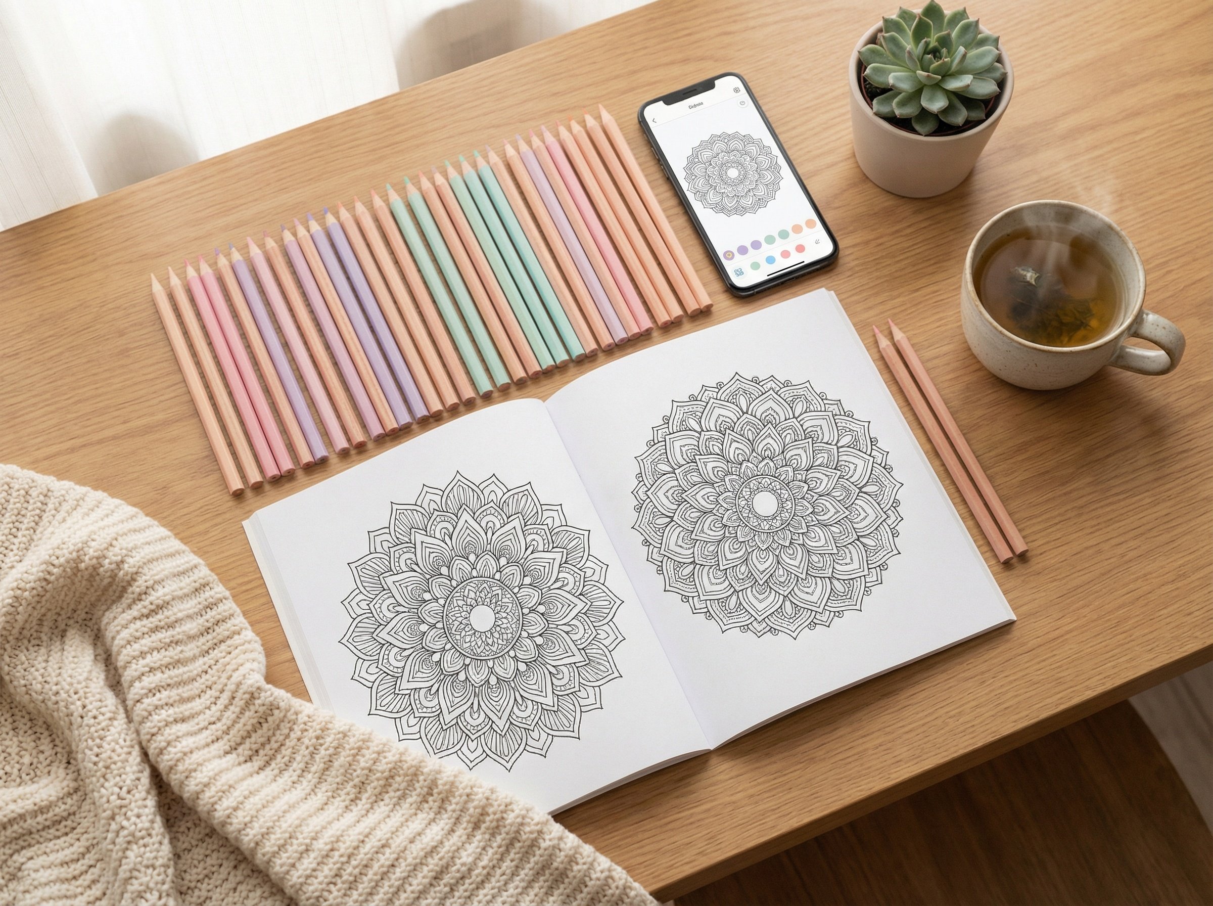 Cozy coloring workspace with therapy materials