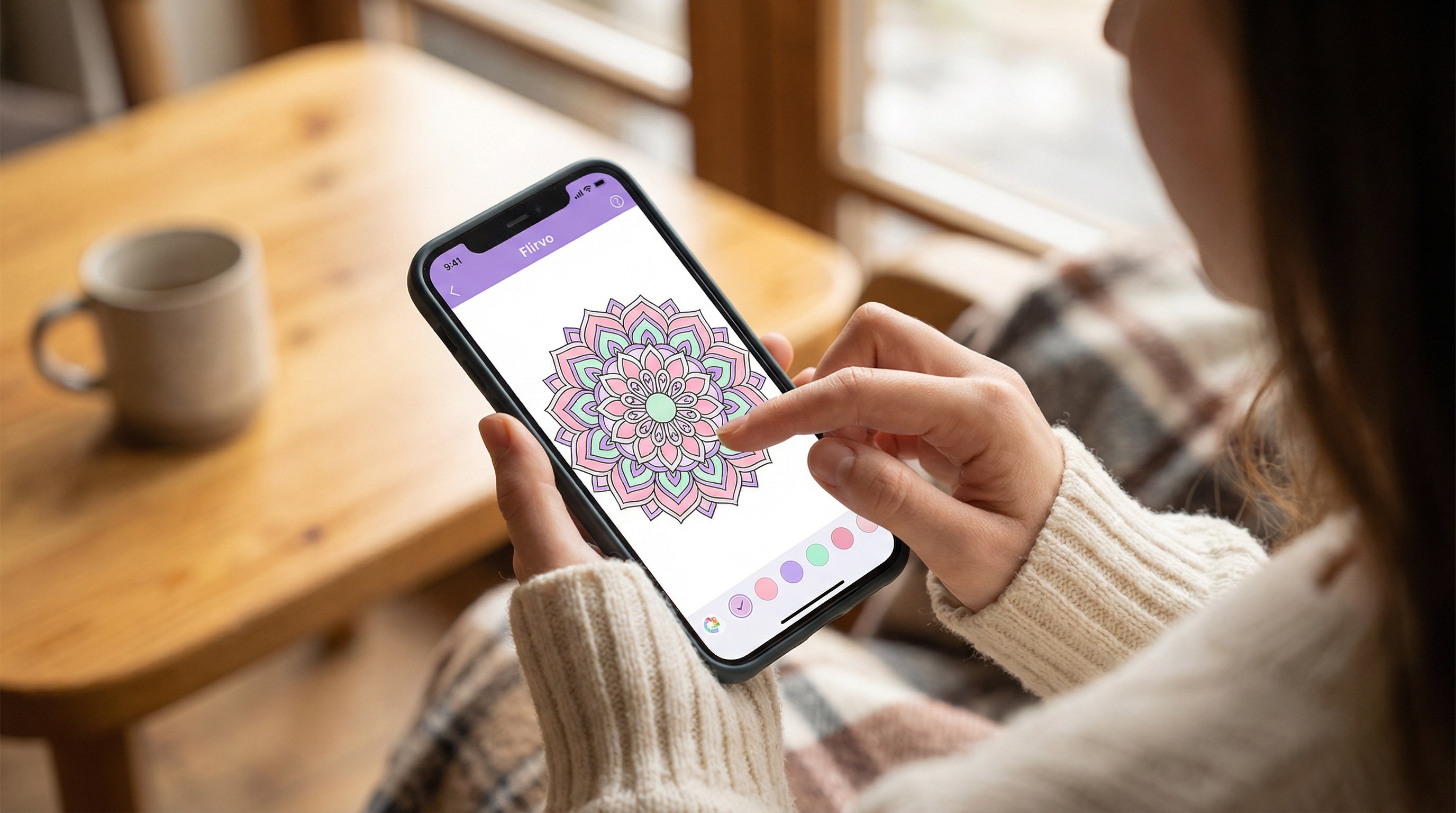 Person holding smartphone and coloring in Flirvo app - stress relief therapy